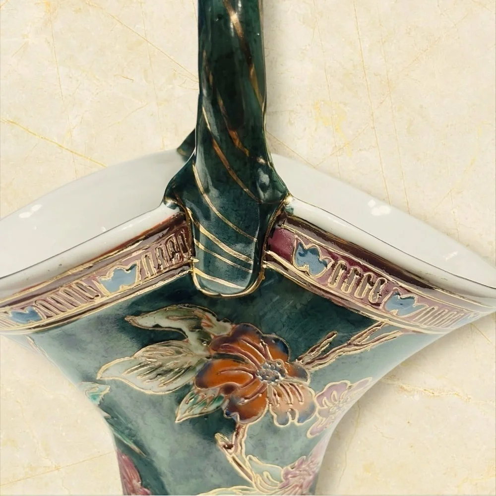 Vintage Chinese Ceramic Floral Basket Basket With Floral Design And Gold Trim
